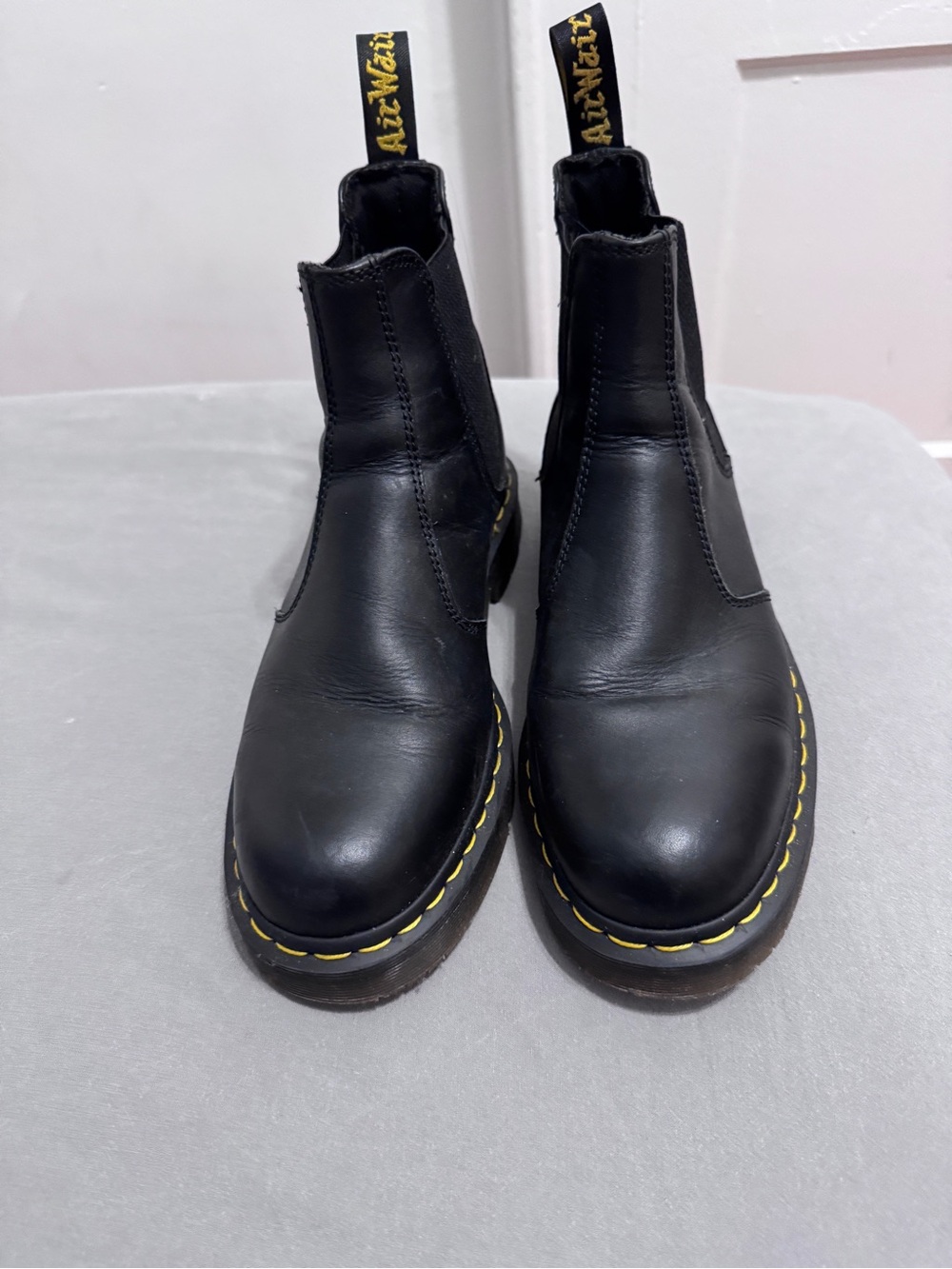 Dr. Martens Black Leather Chelsea Boots with Yellow Stitching and Heel Tabs